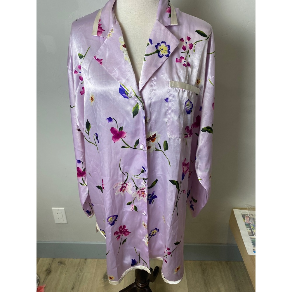 Vintage Victorias Secret Lavender Floral Satin Sleep Shirt Y2K Button Up Medium
